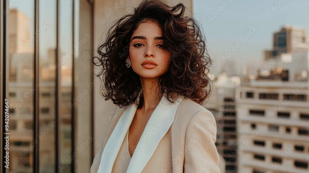 Fototapeta premium Teen Indian Woman with Brown Curly Hair creative poster.