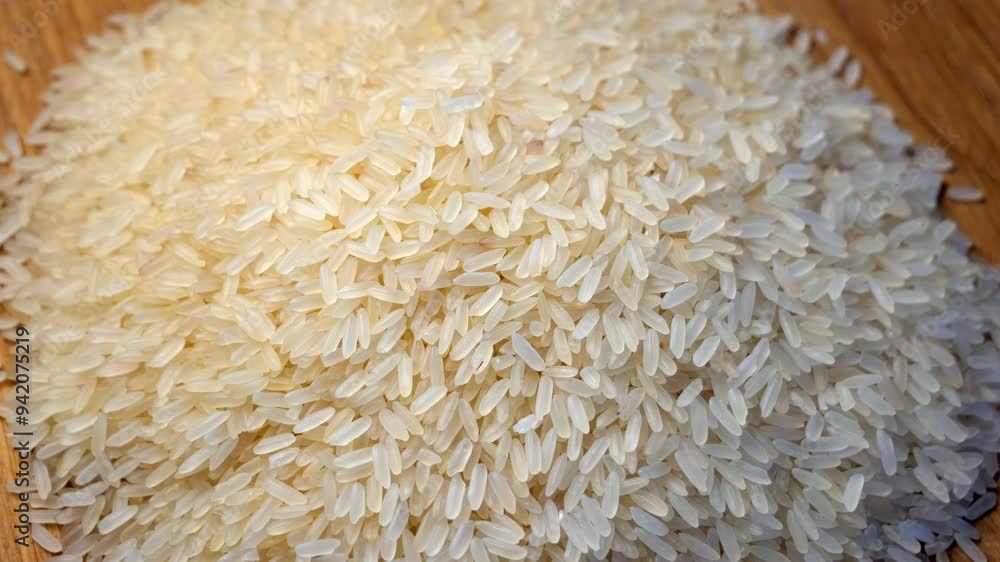 A collection of white rice grains arranged in a seemingly random pattern. The grains are individual, yet they appear to form a cohesive mass. The overall impression is one of simplicity and abundance.