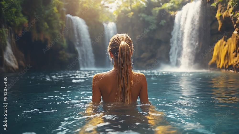 A woman stands in a pool of water at the bottom of a waterfall. The sun shines through the lush foliage creating a picturesque scene. A woman stands in a pool of water at the bottom of a waterfall. The sun shines through the lush foliage creating a picturesque scene.