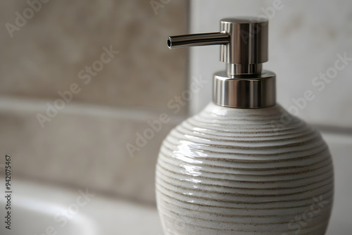 a ceramic soap dispenser with a matte finish, the pump made of brushed metal, reflecting soft light