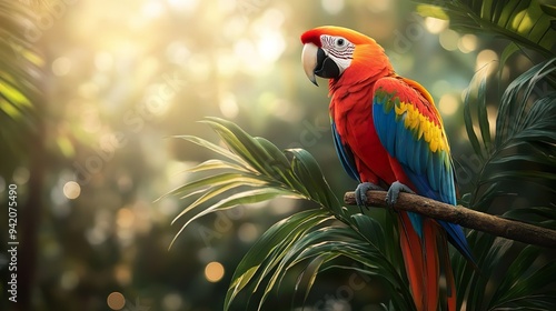 Beautiful parrot perched on a lush branch perfect for exotic wallpaper designs
