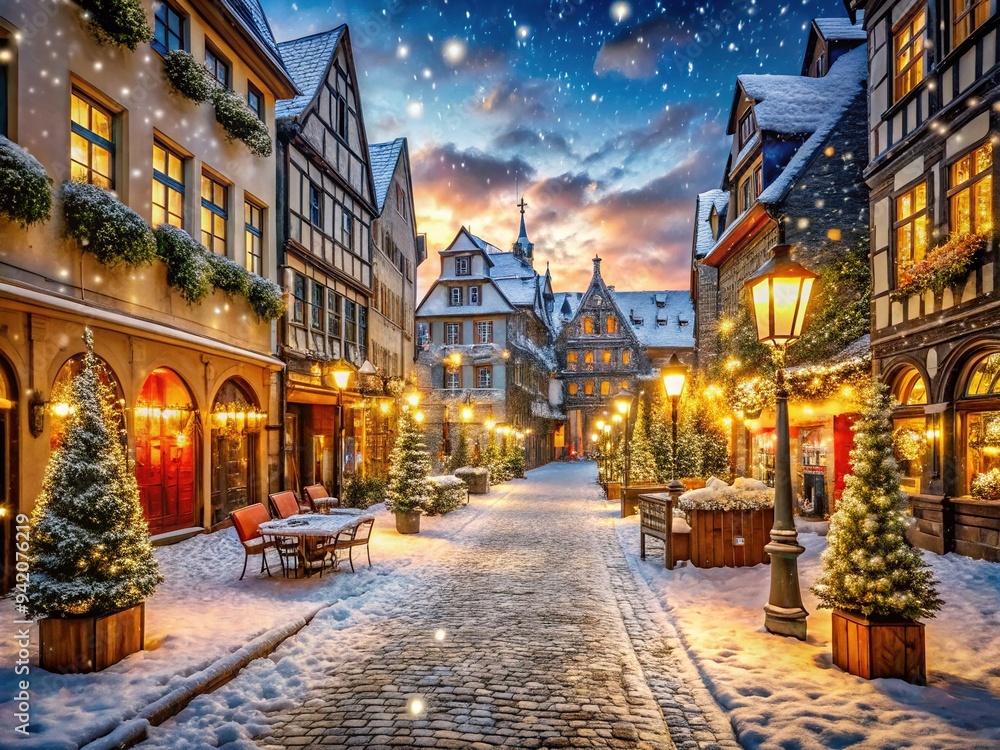 Fototapeta premium Snowflakes gently fall on festive cobblestone streets lined with twinkling Christmas markets, ornate lanterns, and vibrant festive decorations in a charming European winter wonderland scene.