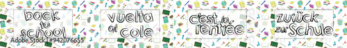 school posters with the text “back to school” in several languages