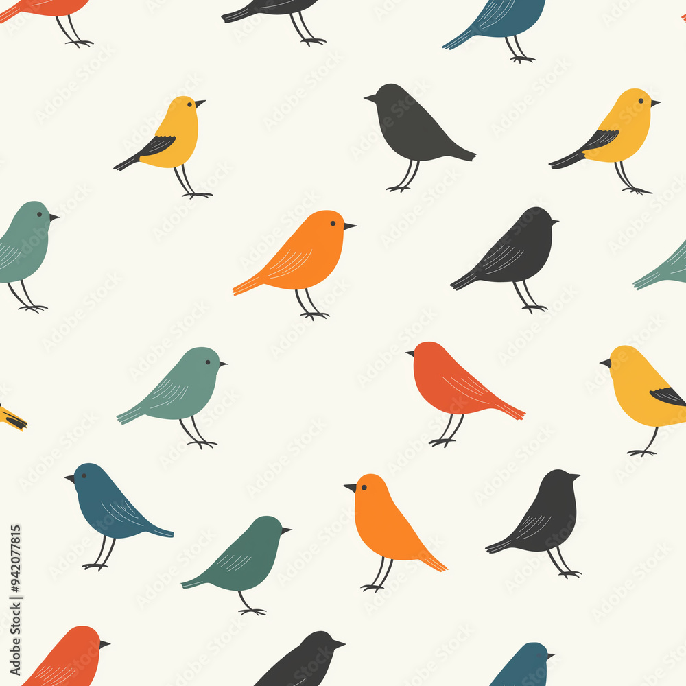 Fototapeta premium Birds, simple flat design, White Seamless repeating background pattern