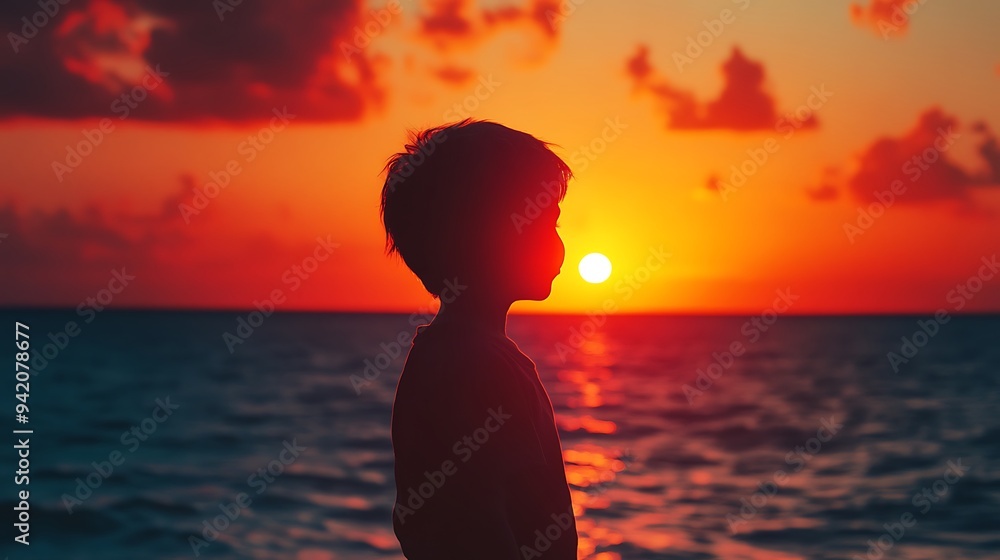 A child silhouette blending with the bright colors of a sunset over the ocean. A child silhouette blending with the bright colors of a sunset over the ocean.