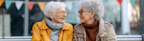 Two women sitting on a bench, one wearing a yellow jacket photo