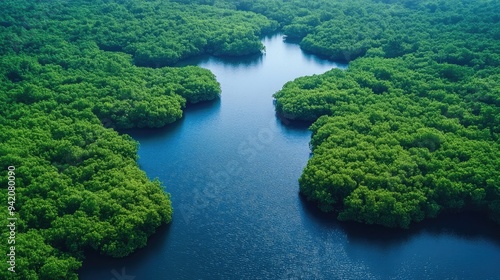 Aerial view of a river flowing through a lush forest. Perfect for nature documentaries or articles about environmental conservation.