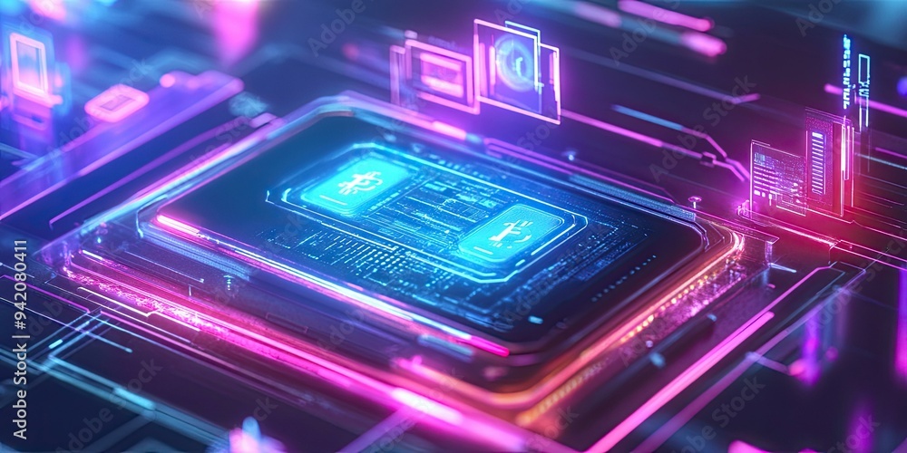 Futuristic tech with glowing Bitcoin symbol. Futuristic tech with glowing Bitcoin symbol.