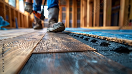 Wide shot A Construction worker installing a new laminate flooring 