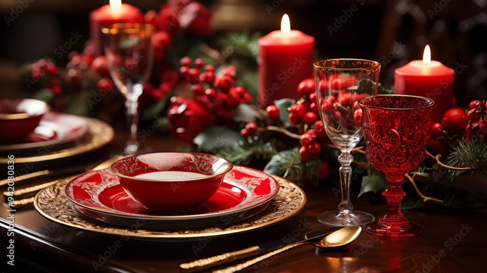A christmas table setting with red plates and silverware A christmas table setting with red plates and silverware