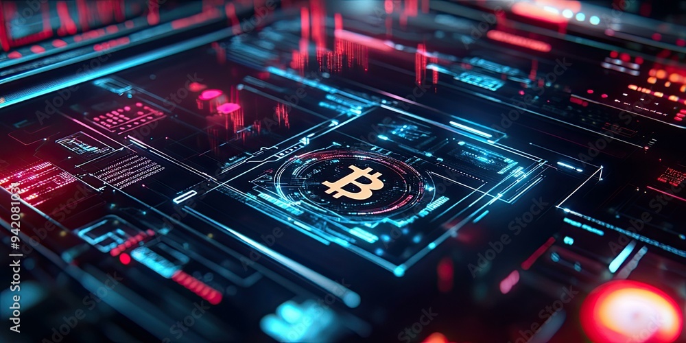Bitcoin symbol on futuristic digital display. Bitcoin symbol on futuristic digital display.
