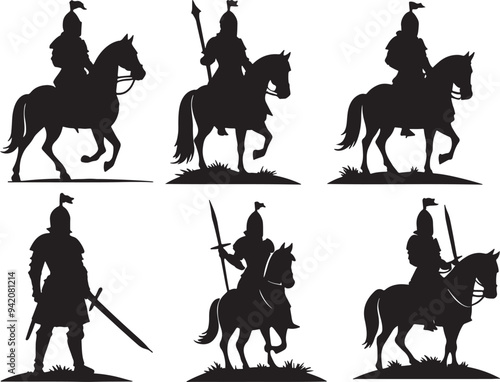 set of silhouette illustration of a knight