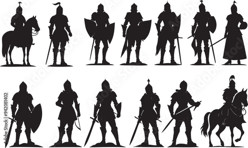 set of silhouette illustration of a knight