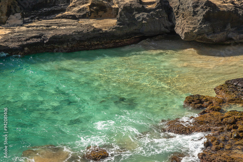 Beautiful View of Halona Beach Cove and Wawamalu Beach Park from Halona Blowhole Lookout, Hawai photo