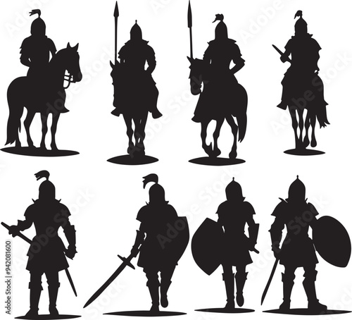 set of silhouette illustration of a knight