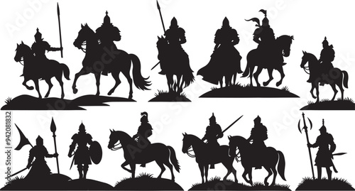 set of silhouette illustration of a knight