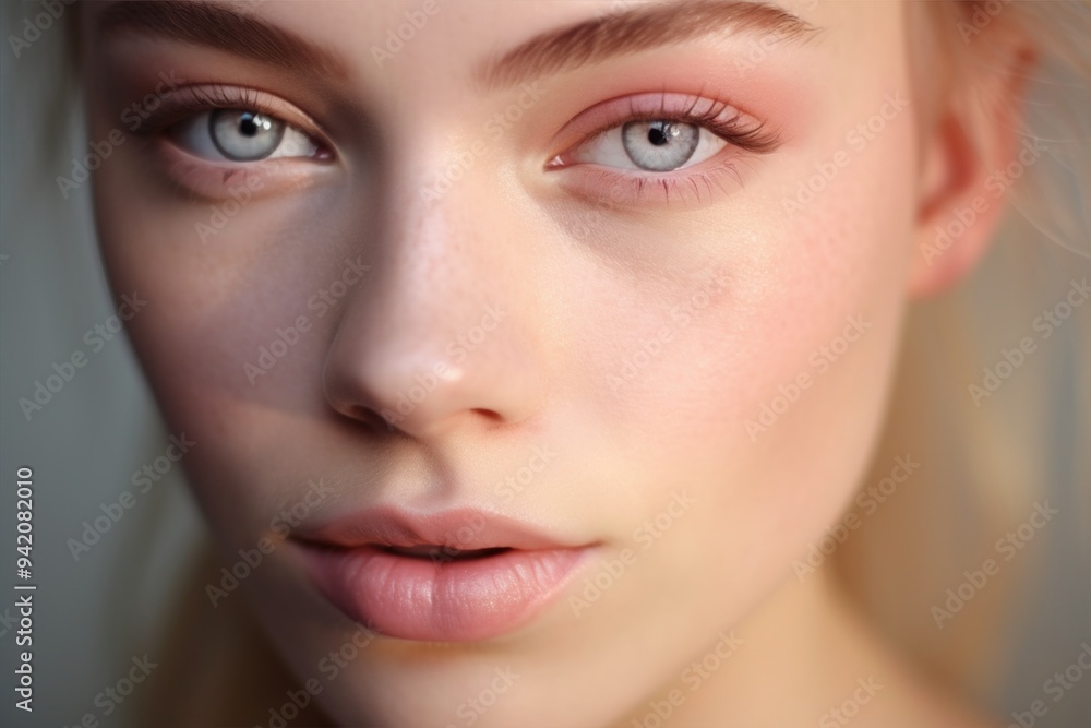 Fototapeta premium Drops of water on a young girl's face. Natural makeup effect of wet skin. Beautiful woman eye close-up. Concept of youth and beauty