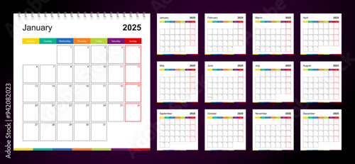 Colorful wall calendar for 2025 on dark background, week starts on Monday.