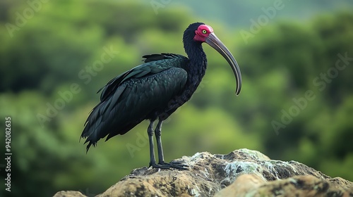 A close-up of a Northern bald ibis with its striking black feathers and red face perched on a rocky outcrop, the wind ruffling its feathers. photo