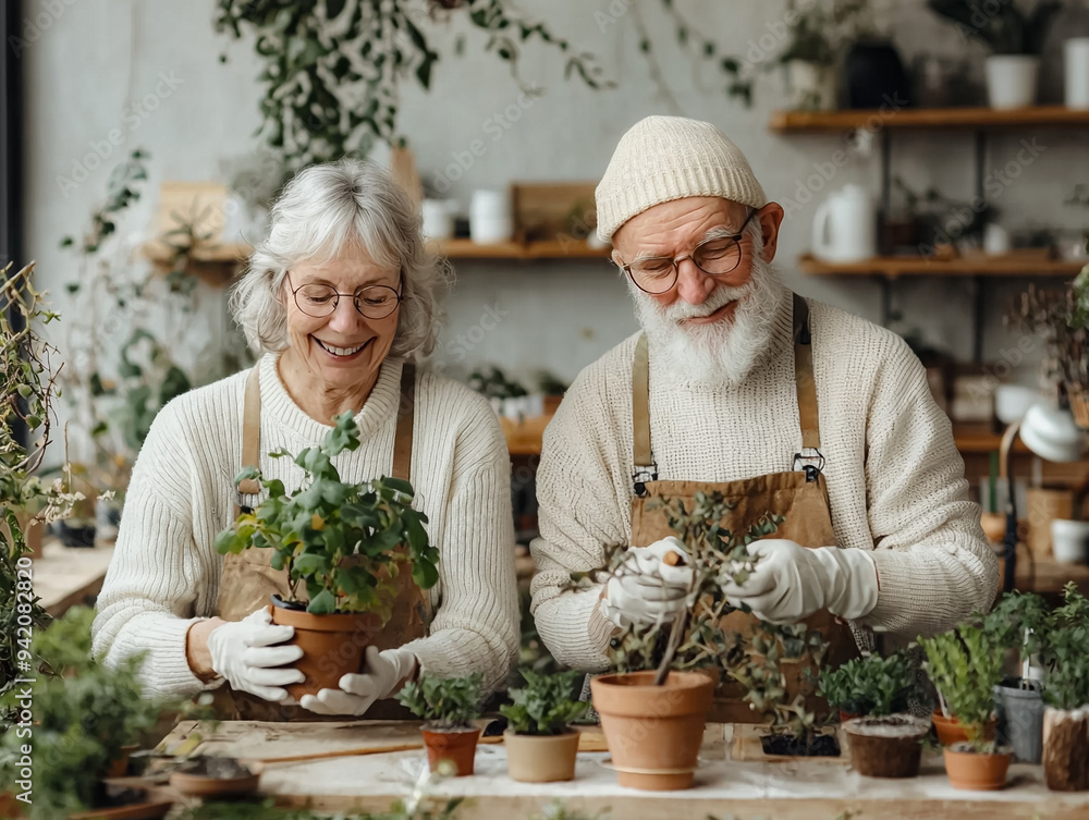 A couple of older people are in a greenhouse, tending to plants A couple of older people are in a greenhouse, tending to plants