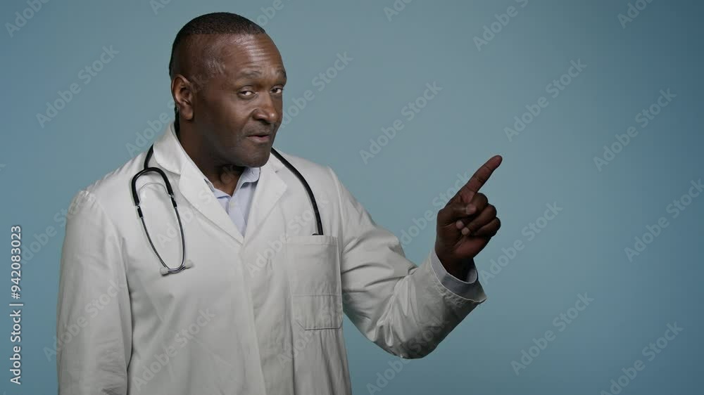 African American man doctor medical worker in white coat male healthcare employee medic customer in studio blue background pointing index finger making choice choosing smiling good selection medicare African American man doctor medical worker in white coat male healthcare employee medic customer in studio blue background pointing index finger making choice choosing smiling good selection medicare