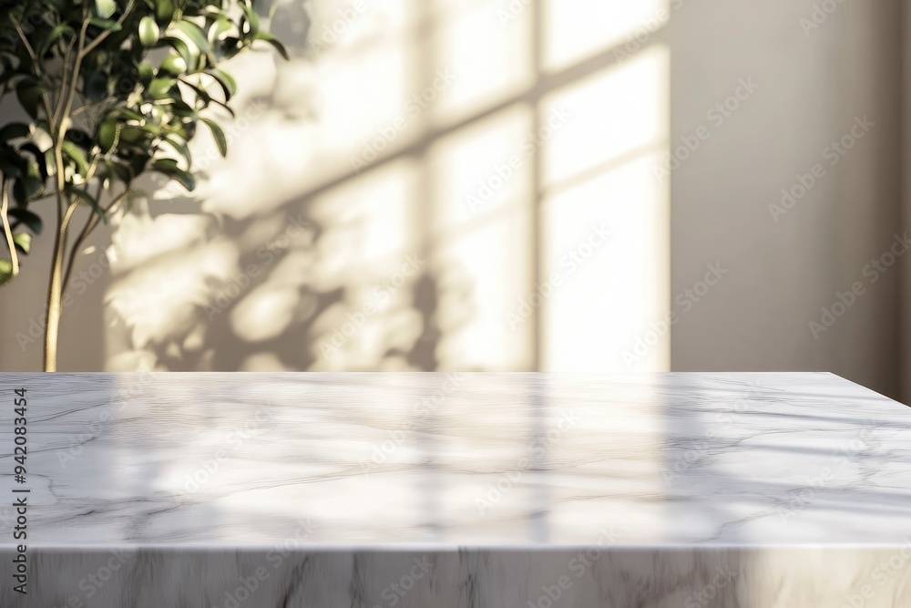 Empty marble table in living room. Workspace and copy space with generative ai Empty marble table in living room. Workspace and copy space with generative ai
