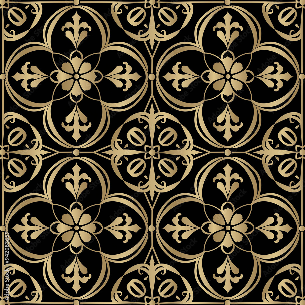 A repeating pattern of gold floral motifs on a black background. AI generation. A repeating pattern of gold floral motifs on a black background. AI generation.