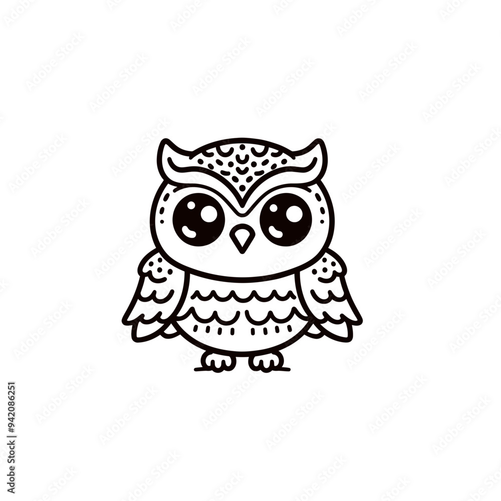 Fototapeta premium Artistic Black and White Owl Line Drawing with Doodle Art Elements, Suitable for Contemporary Home Decor, Fashion Design