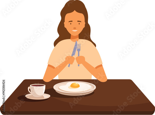 Young woman holding fork and knife sitting at table with coffee and fried egg breakfast