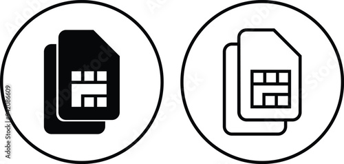 SIM icons set. Sim card flat and line black vector collection mobile slot icon. Mobile Cellular Phone Sim Card Chip Isolated on transparent Background. Digital Nfc technology symbol. ditable stroke.