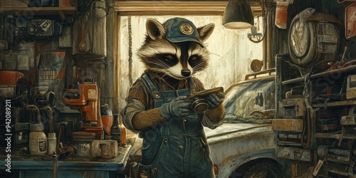 A raccoon in overalls and a cap works in a photo