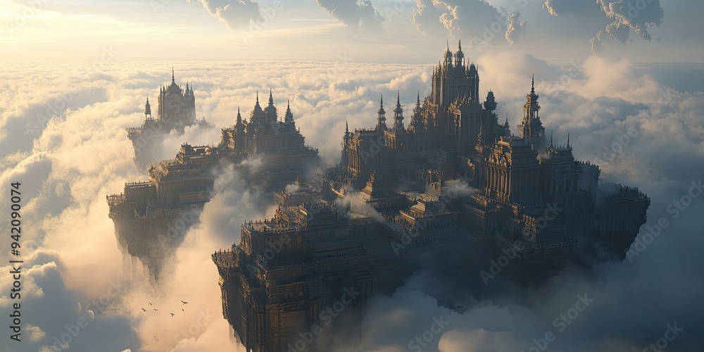 A grand, stone castle sits atop the clouds. A grand, stone castle sits atop the clouds.