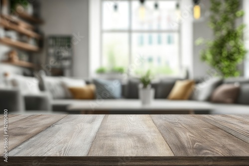 Empty mockup space on a tabletop with a blurred comfortable living room as a background with generative ai