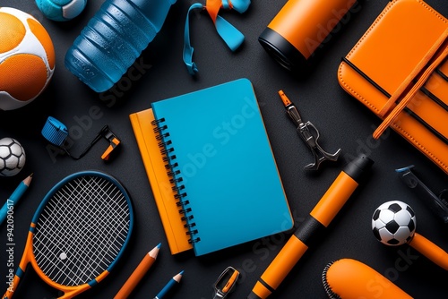 A dynamic sports-themed setup with items like a football notebook, tennis racket pen, and a water bottle designed as a pencil holder photo