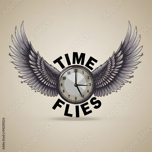 Time Flies - Clock Shaped Text with Wings and Feathers Conveying Fleeting Moments for a Thoughtful, Timely T-shirt Design. photo