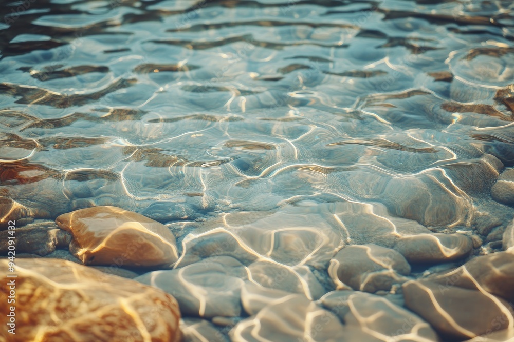 Fototapeta premium Clear water flowing over smooth stones. Perfect for illustrating tranquility, nature, and relaxation.