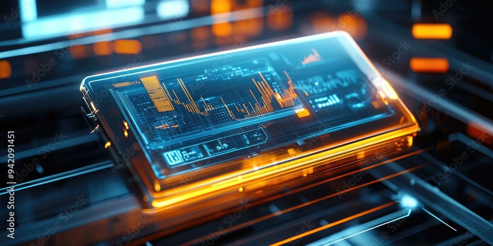 A futuristic device displays data graphs. A futuristic device displays data graphs.