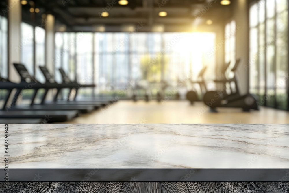 Empty room with marble wood table and blur fitness center background. Product display montage concept with generative ai Empty room with marble wood table and blur fitness center background. Product display montage concept with generative ai