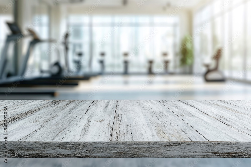 Empty room with marble wood table and blur fitness center background. Product display montage concept with generative ai Empty room with marble wood table and blur fitness center background. Product display montage concept with generative ai