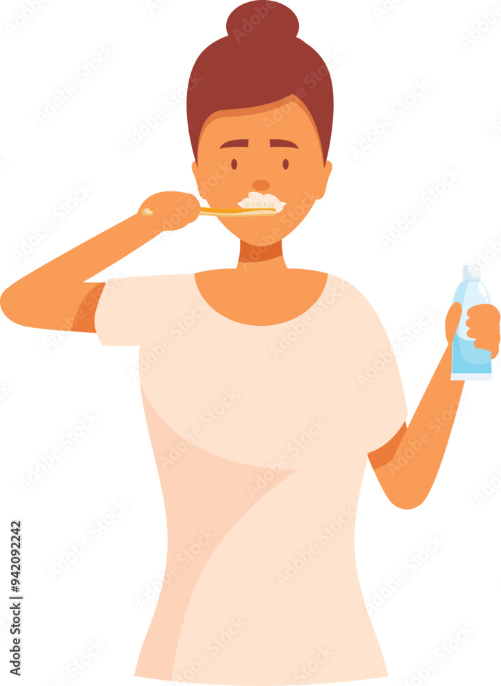 Φωτογραφία Illustration of a young woman carefully brushing her teeth holding a tube of too