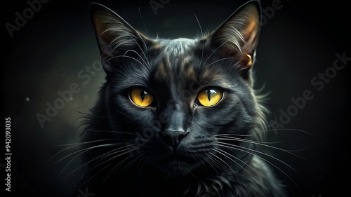 Black cat with piercing yellow eyes gazing mysteriously in darkness