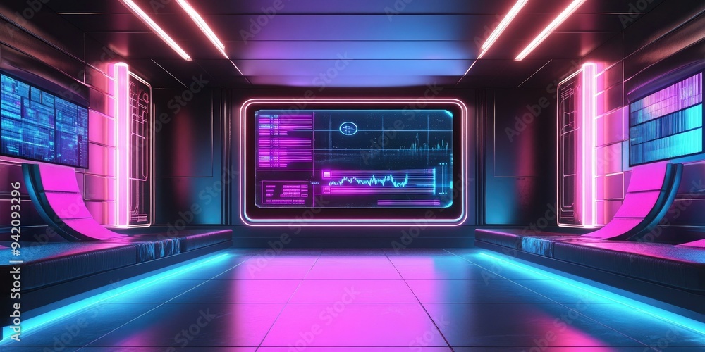 Futuristic room with neon lights and data screen. Futuristic room with neon lights and data screen.