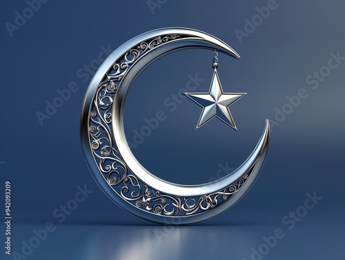 Intricate silver crescent moon with a detailed star on a blue background, celestial art

