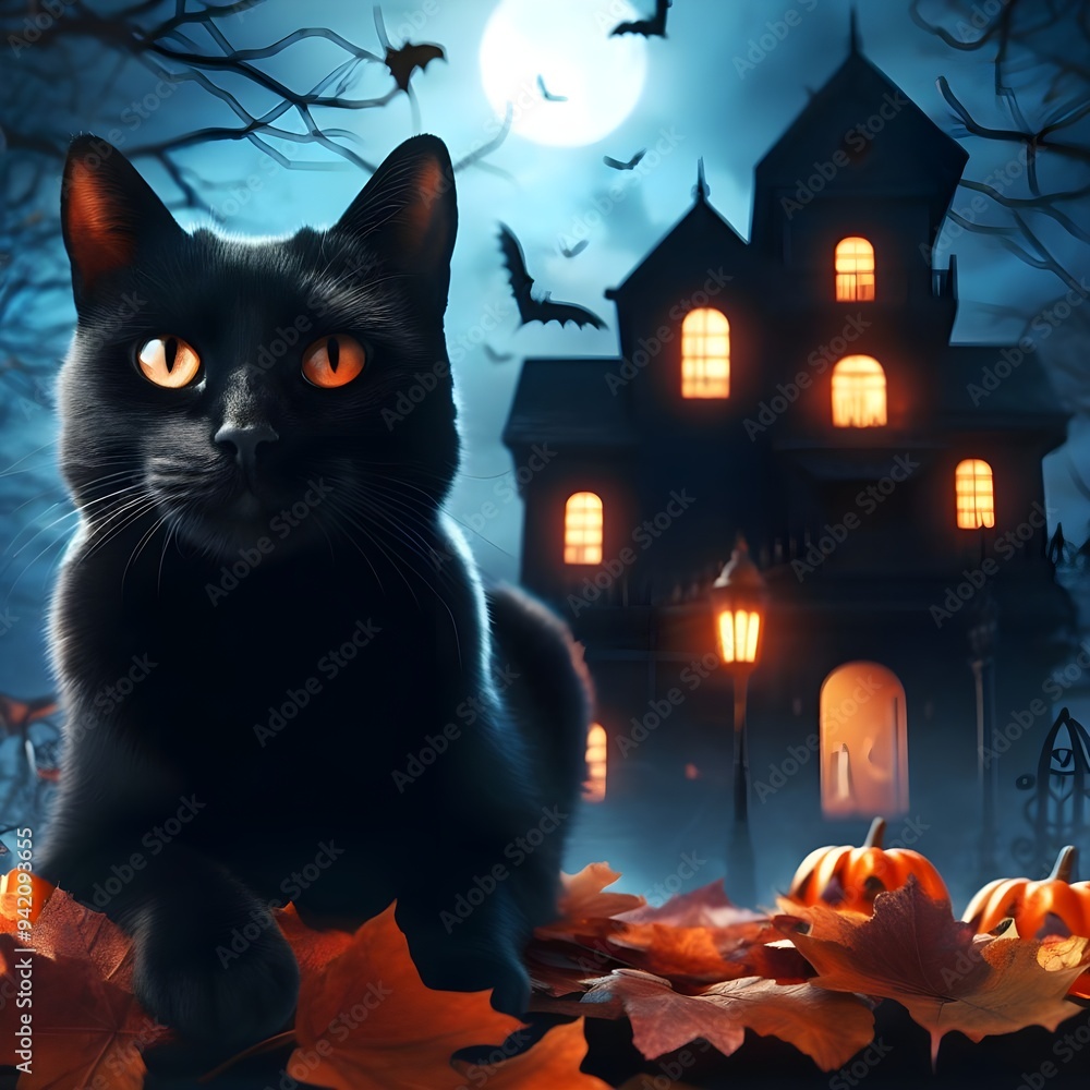 Halloween, witch Cat Illustration,spooky,empty space,3D Halloween, witch Cat Illustration,spooky,empty space,3D