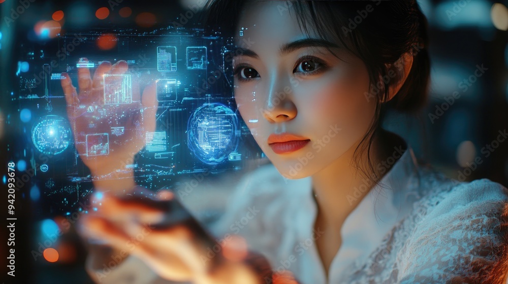 Woman Interacting with Futuristic Holographic Interface Technology Woman Interacting with Futuristic Holographic Interface Technology