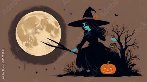 Flying witch on broomstick, empty space. Hlloween. photo