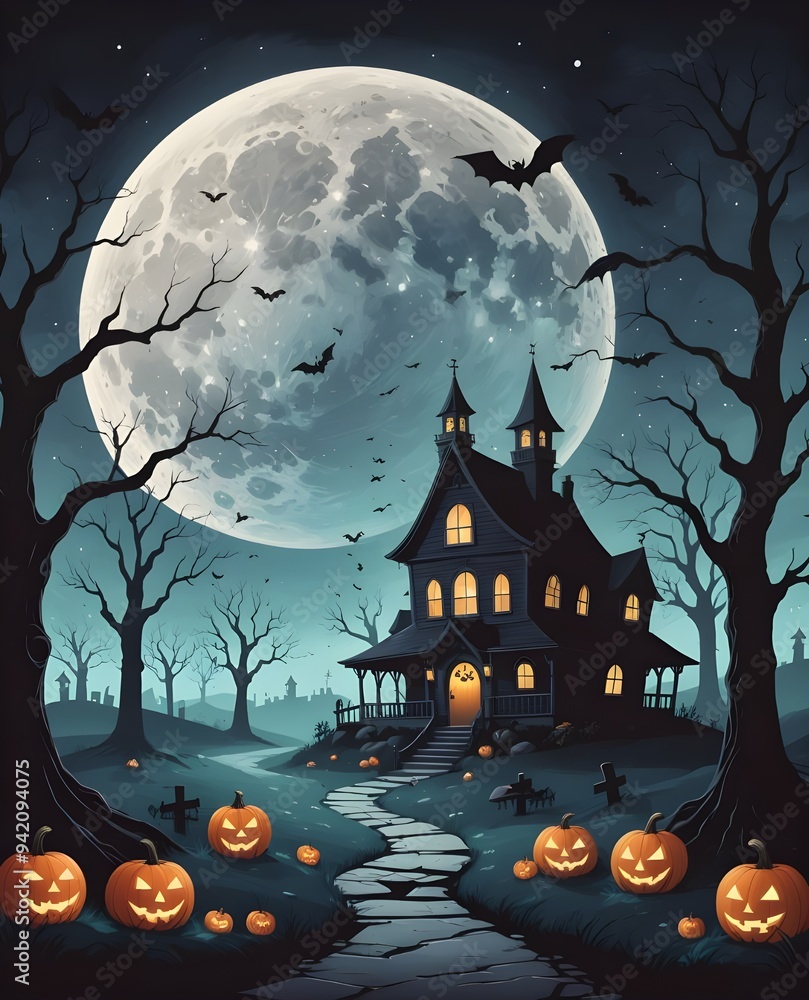 Old mansion, graveyard, candies and scary pumpkin. Art cover horror night. Old mansion, graveyard, candies and scary pumpkin. Art cover horror night.