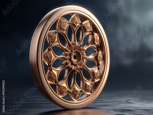 Intricate golden Dharmachakra wheel with ornate details symbolizing enlightenment journey

 photo