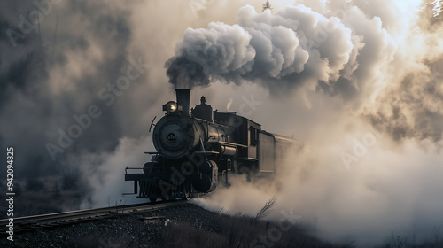 An old steam locomotive billowing smoke, moving along the tracks in a misty landscape 