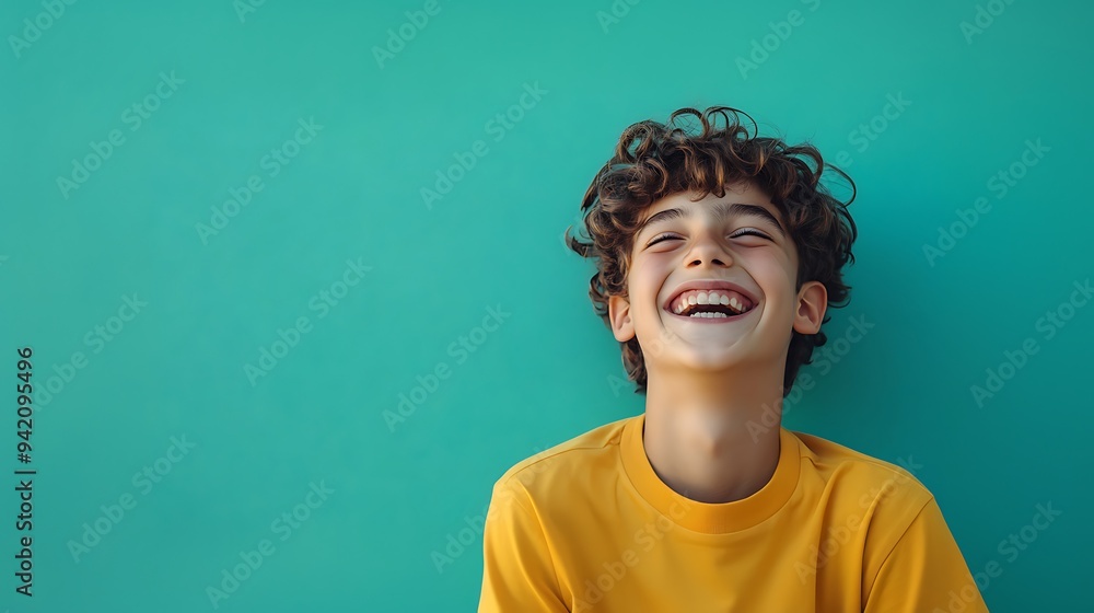 A happy teenage boy, laughing with joy, on a teal solid background. A happy teenage boy, laughing with joy, on a teal solid background.